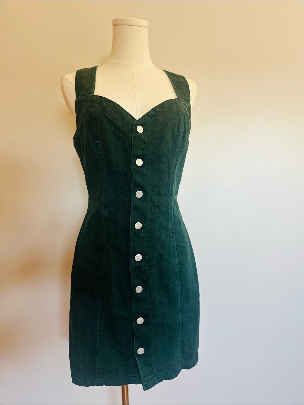 VTG 90s Grunge BONGO Mini Dress Pinup Retro Green Denim Pinstripe Size M